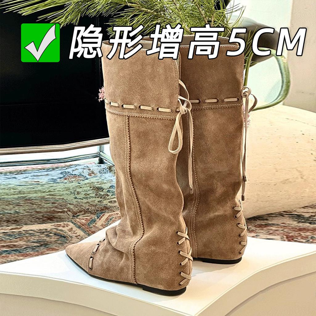 Punkt zweites Haar! Innere Erhöhung Retro plissierte Mode Stiefel faltbar zwei Tragemöglichkeiten spitze Stiefel vielseitige Stapelstiefel Damen