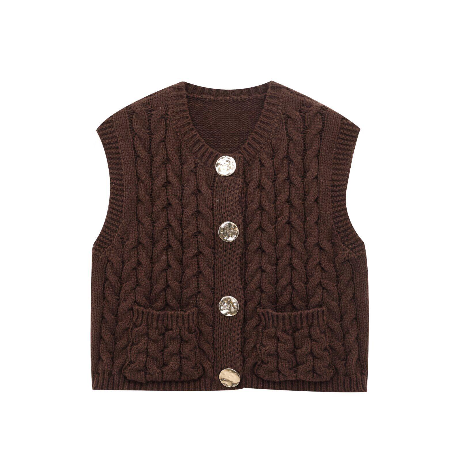 

Весенняя мода 2025 года: Женский жилет в европейском и американском стиле, вязаный косами, с золотыми пуговицами Small каштановый