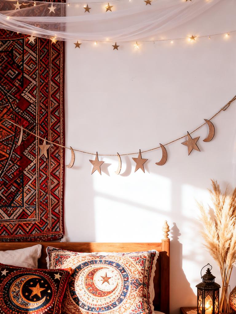 Ramadan Kareem Wood Moon Star Garland Islamic Lantern Hanging Banner Decor Home Party Wall Window Decoration Muslim Holiday Gift