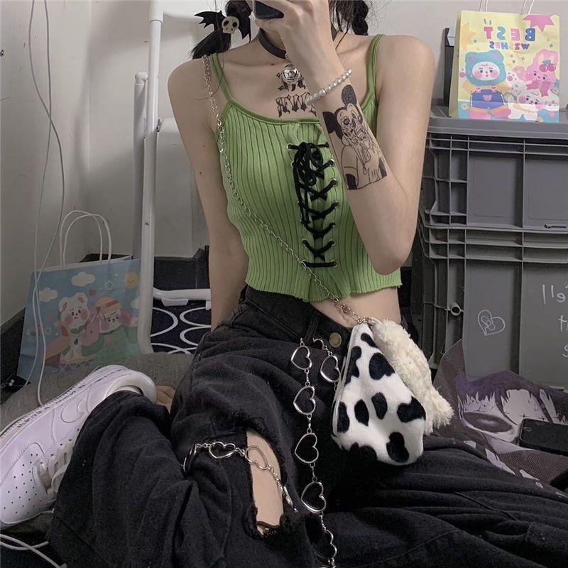 Gothic Grunge Y2k Crop Top bez zad Rukávový Dámský Kawaii Roztomilý Bílý Pletený Tílka Tank Topy Letní Móda Vesta Dámské Šněrovací Oblečení