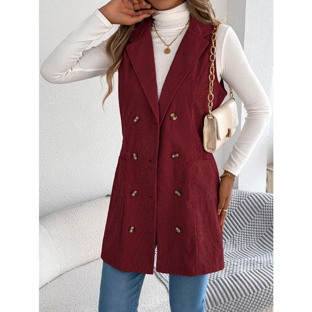 Solid-color Double-breasted Pocket Long Vest Jacket for Women In Autumn and Winter