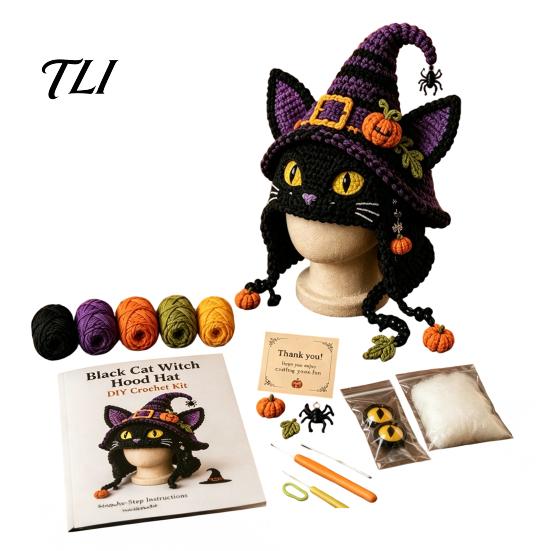 Sada pro pletení z měkké příze Halloween Zvířecí kapuce Háčkovací sada, Klobouk Lebka Pavouk Netopýr, Věci pro DIY řemesla pro děti, Strašidelná dýně s klapkami na uši, Dospělí, Dospívající, Podzim