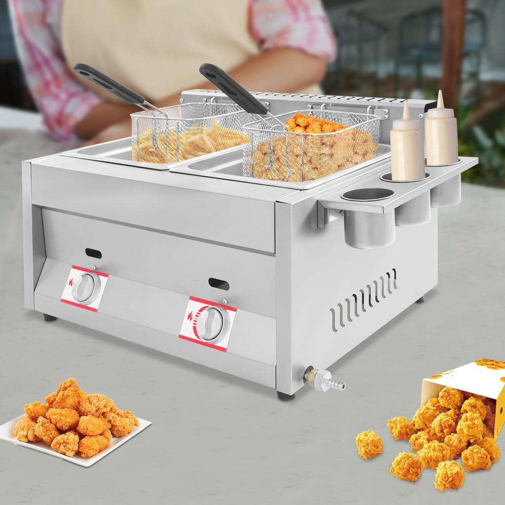 6L Gas Deep Fryer with Basket and Lid Stainless Steel Commercial Dual Tank Deep Fryer 50-380°C Used To Fry French Fries, Chicken