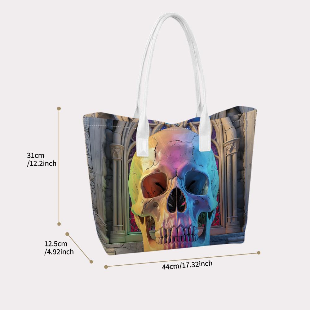 Gothic Rainbow Skull Print Large Tote Bag Casual Daily Shopping Portable Shoulder Handbag