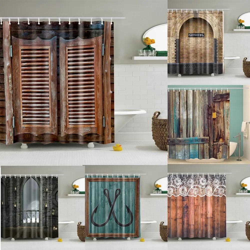 3D Old Vintage Wood Doors Shower Curtain Home Decor Polyester Fabric Bath Curtains Stripes Letters Bathroom Curtains