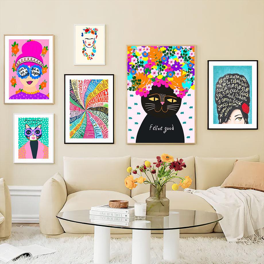 Flower Girl Miss Cat Colorata Pop Art Soggiorno Decorazione Poster e stampe Wall Art Canvas Painting Pictures Home Decor