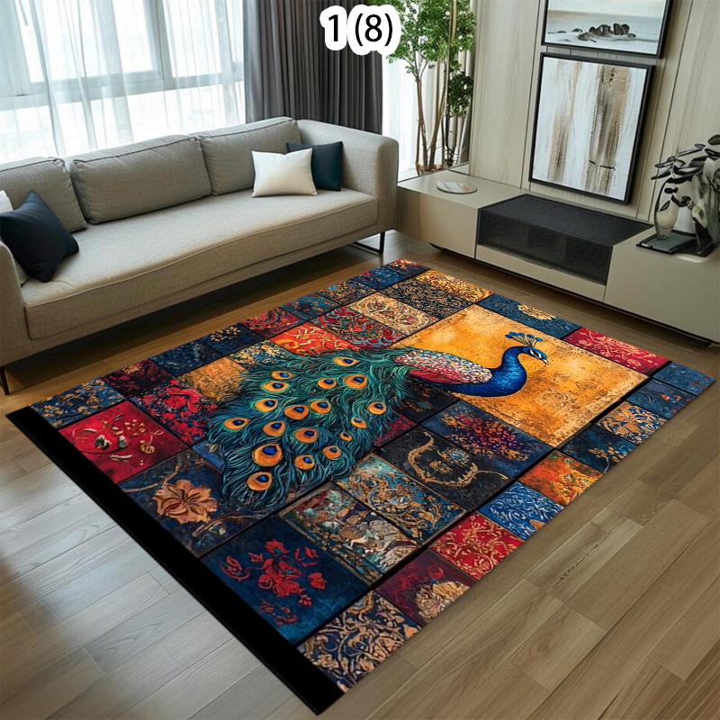 Luxury Peacock Print Carpet Non-slip Washable Large Area Rug Bohemian Style Floor Mat for Home Decor with Exotic Floral Motif