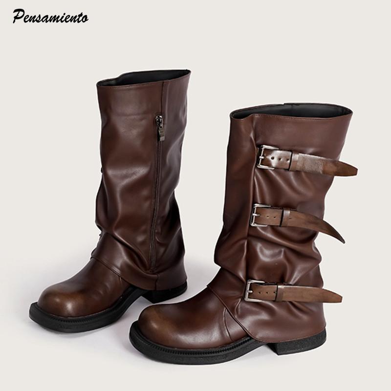 Vintage Soft Leather Belt Strap Buckle Mid-Calf Women Motorcycle Boots Thick High heels Autumn Winter Knight Booties