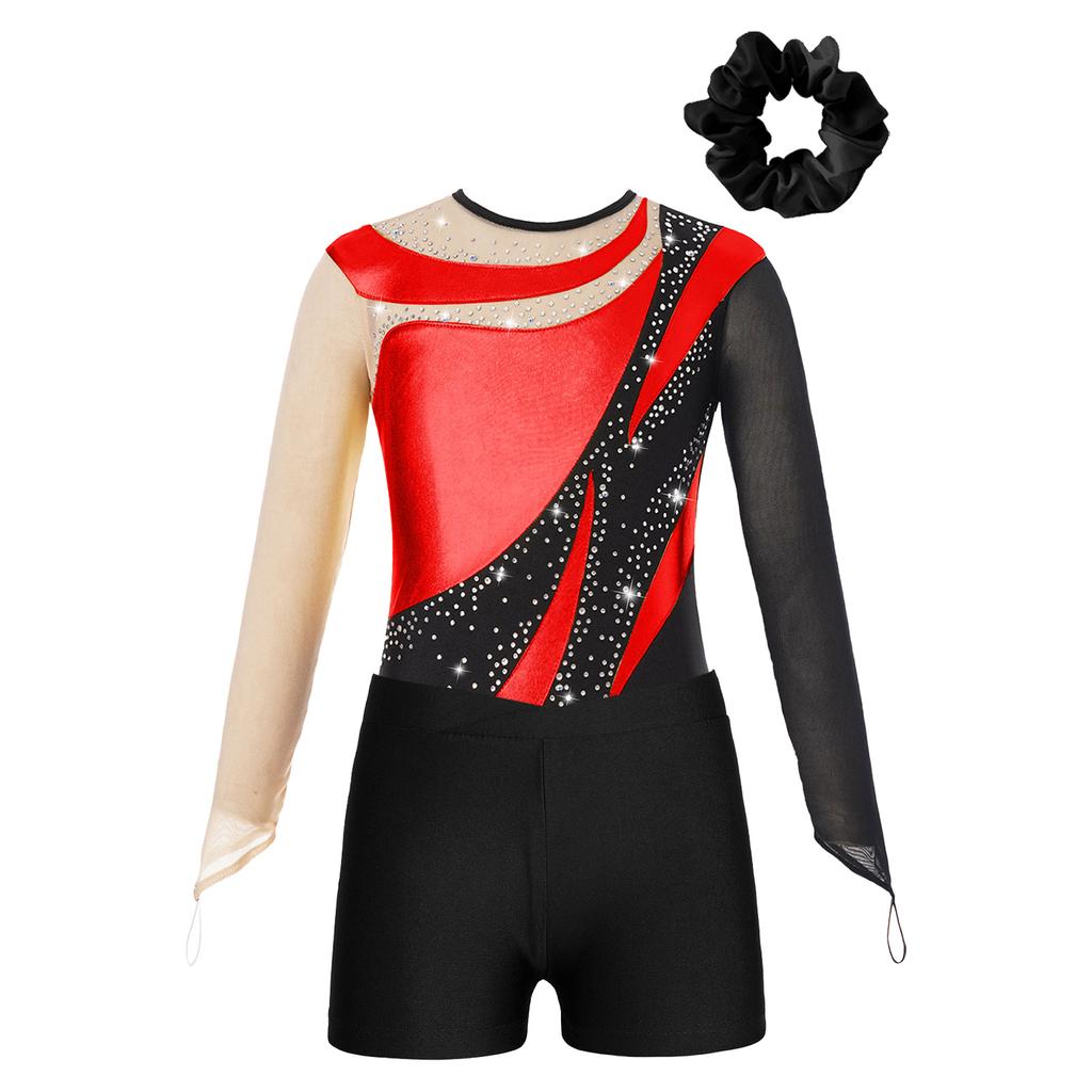 Kinderen Meisjes Dans Set Lange Mouw Ronde Hals Patchwork Uitsparing Achterkant Leotard met V-voorkant Tailleband Shorts en Haarelastiek Hoofddeksel voor Gymnastiek Skater