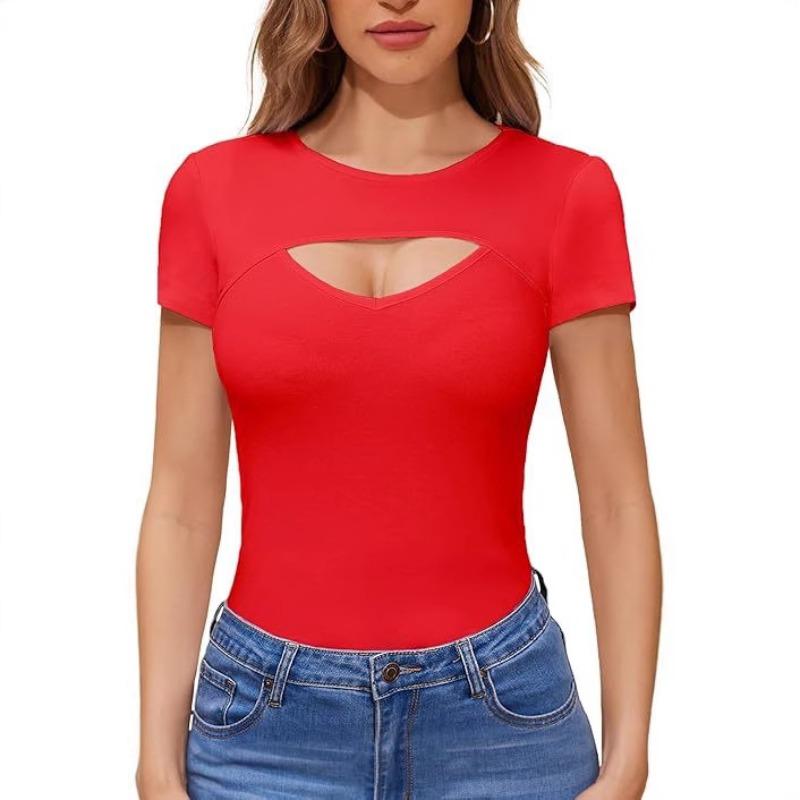 New Fashion Spring and Summer Sexy Hollow Threaded T-Shirt Top Casual Crew Neck Short Sleeve Women