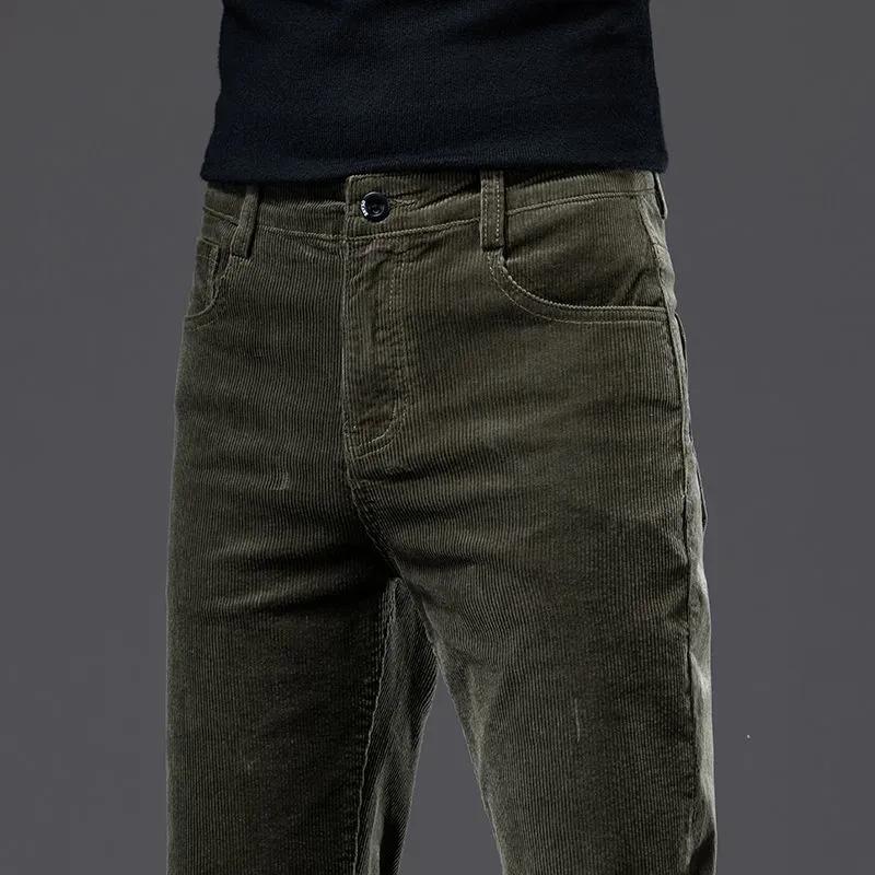 Pánské zimní polstrované business kalhoty jednobarevné pruhované ležérní rovné manšestrové kalhoty