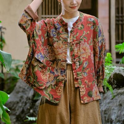 Women Casual Spring Summer Cotton Jackets Retro Print Tops Female Stand Button Vintage Coat