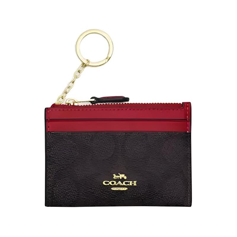 

COACH old hardware coated canvas card holder mini women s brown with red Brown and red золотий