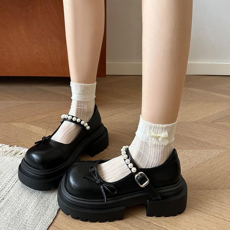 Retro bow round head platform small leather shoes women's 2025 new spring and autumn skirt French Mary Jane single shoes