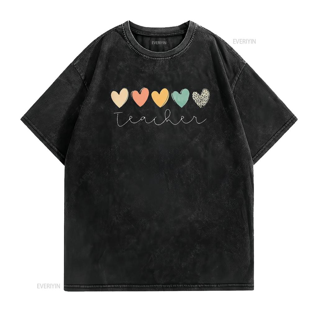 Teacher T Shirt Women Cute Hearts Teaching Boho  Casual Summer Tops vintage Washed Soft Comfortable Slightly streetwear