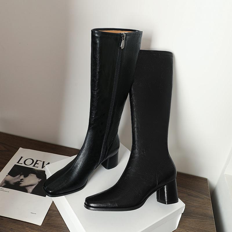 Retro but knee women's boots new black real soft leather side zipper square head medium thick heel long tube boots