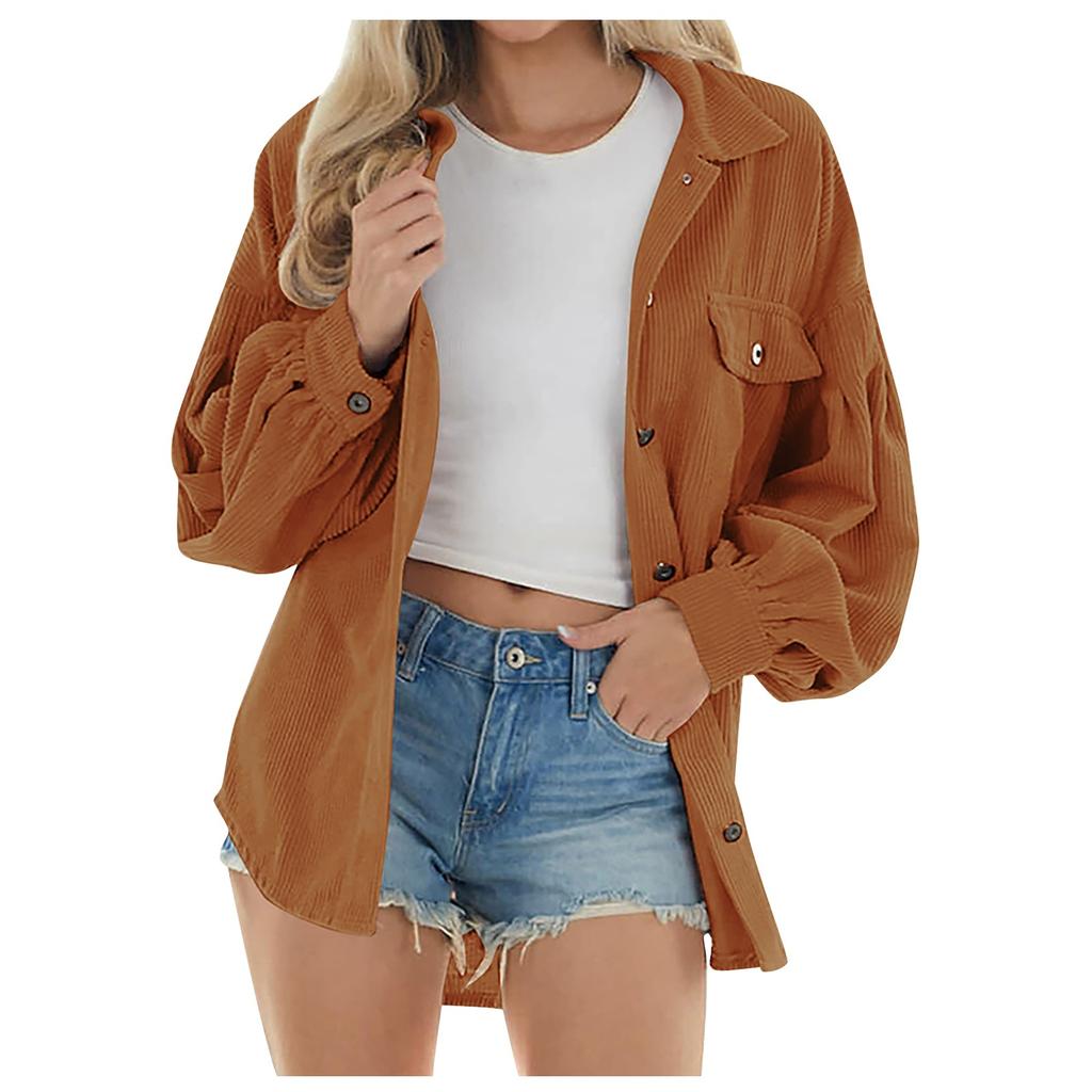 Dámská módní jednobarevná bunda Manšestrová dvojitá kapsa košile s klopou