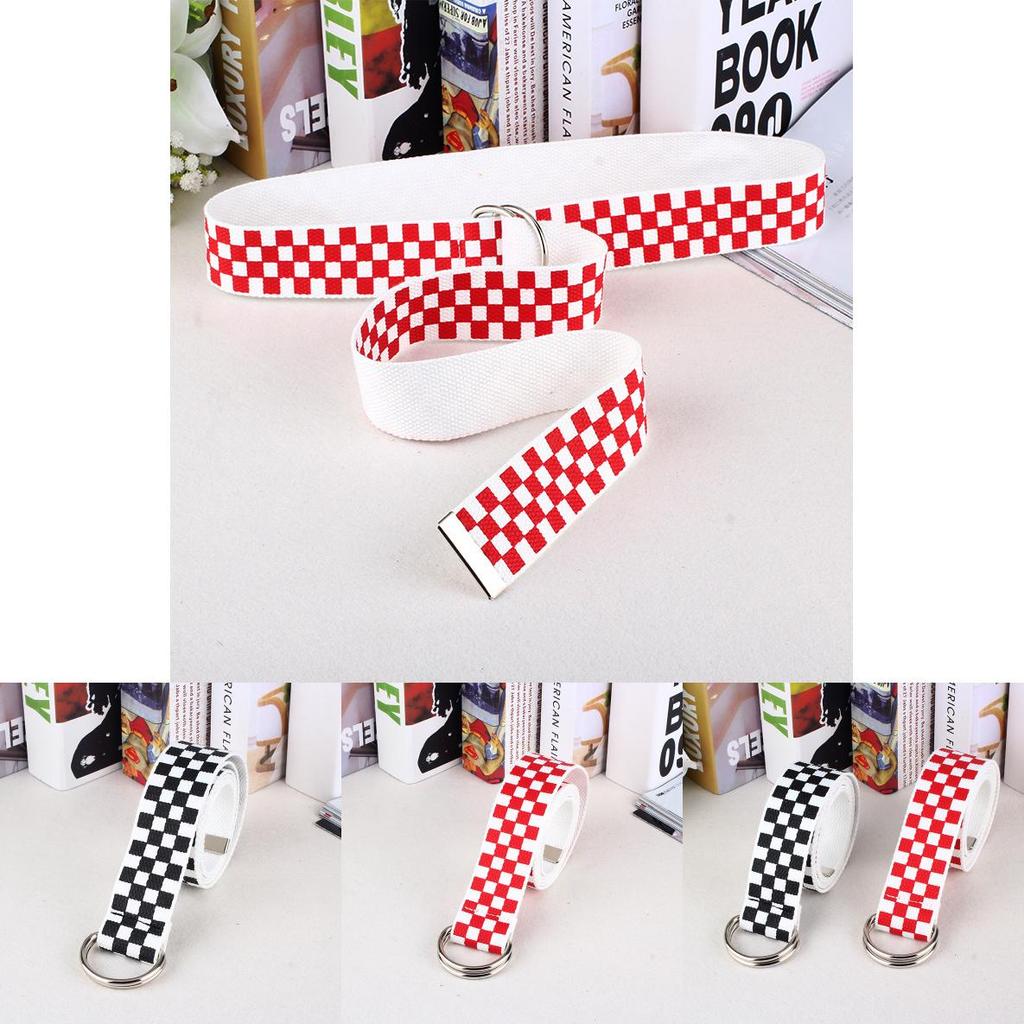 Nylon Canvas Belt For Students With Double Ring Buckle And Plaid Print For Casual Wear