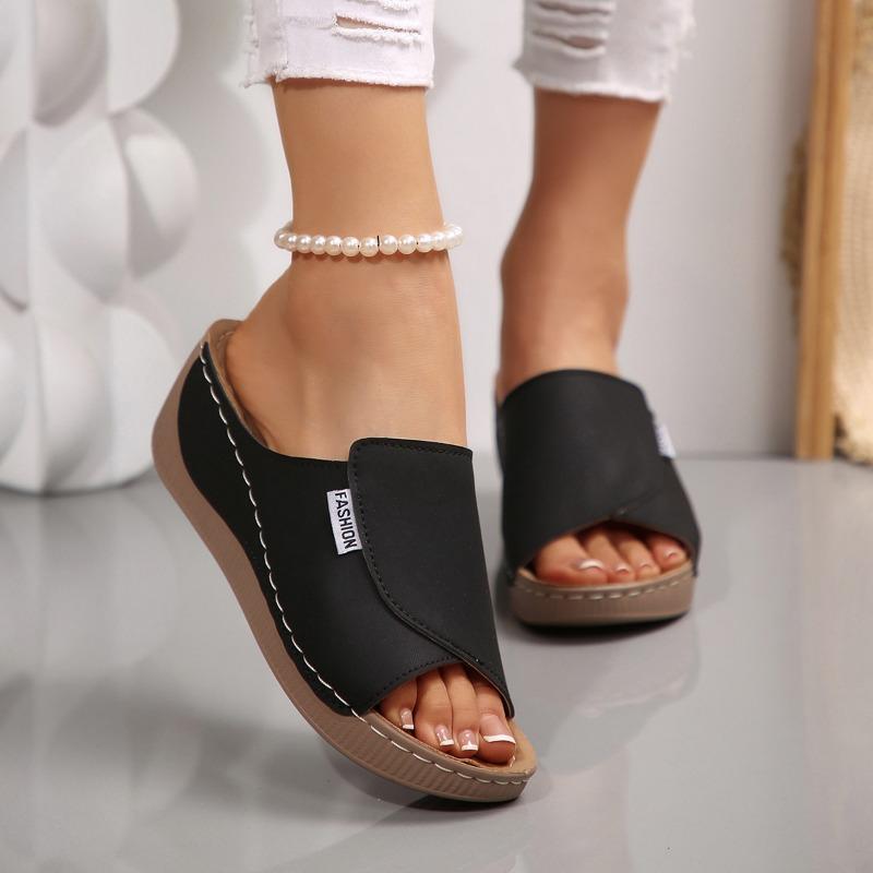 Large size muffin platform casual slippers women's shoes summer new simple and fashionable one-word fish mouth wedge slippers