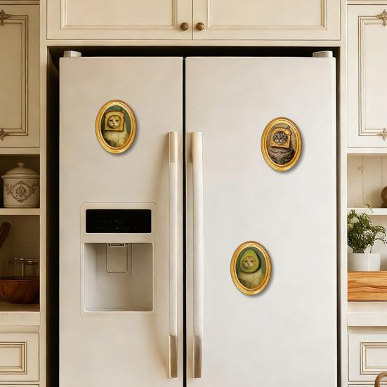 1/3/6Pcs Toast Avocado Cat Refrigerator Magnet with Oval Wooden Frame Kitten Fridge Magnet Home Kitchen Office Decoration Animal Lover Gift