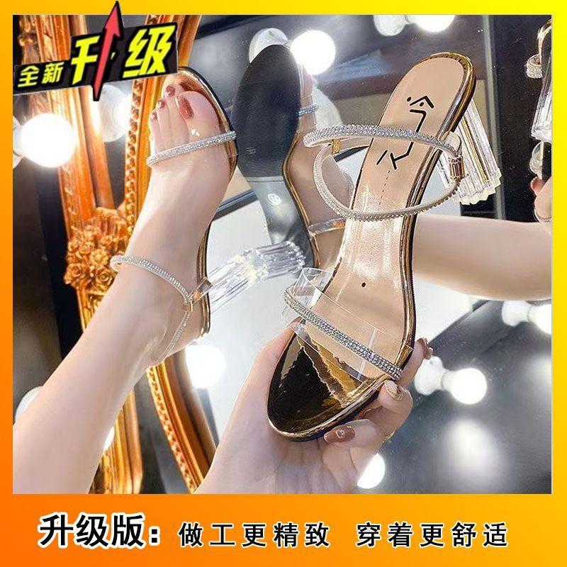 

Туфли на высоком толстом каблуке в сказочном стиле, летние хрустальные шлепанцы 2025 новинка, прозрачные сандалии на ремешке через пальцы, женская уличная обувь 41