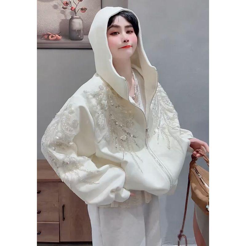 

Women s Gray Zip-Up Jacket Glamorous Rhinestone-Embroidered Hooded Sweatshirt 5XL бежевий