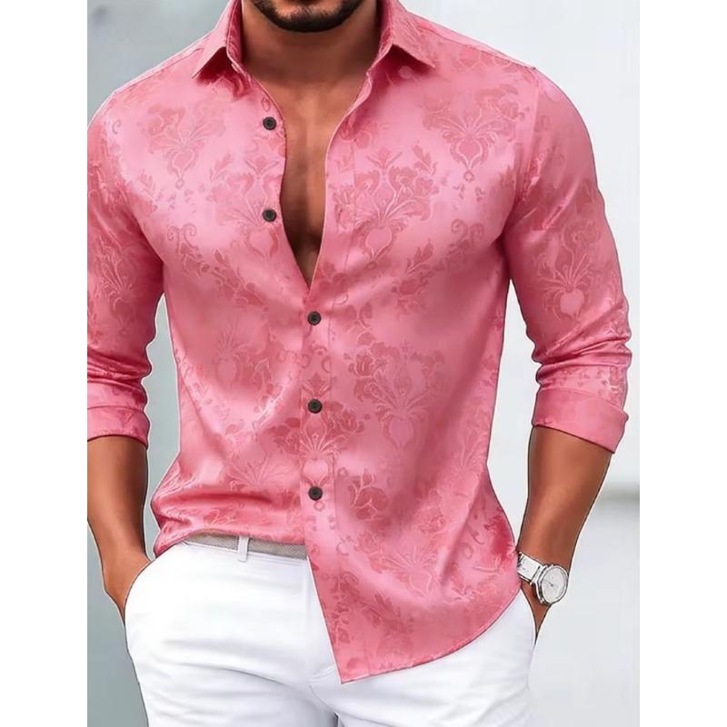 Men's Satin Floral Long Sleeved Shirt with Luxurious Lapel and Button Gloss for Business and Leisure Parties