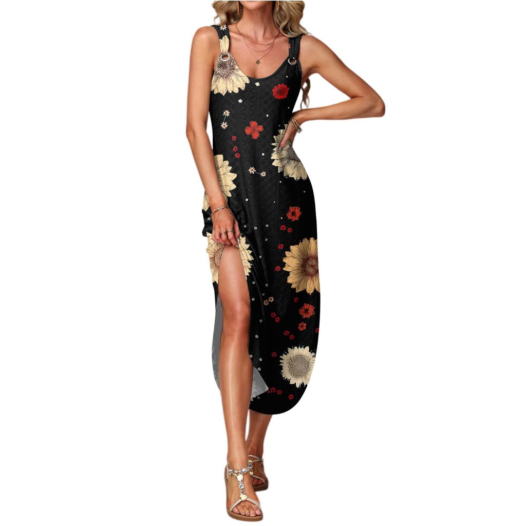 Damen Sommer Langes Kleid, Ärmellos Mit Seitenschlitzen, Langes Camisole-Kleid Mit Blumendruck