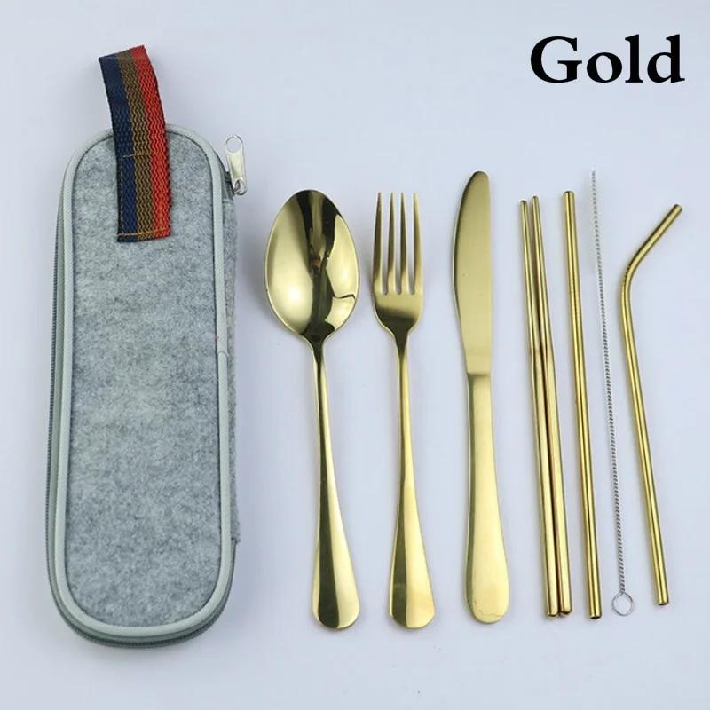 Dinnerware Travel Camping Cutlery Set Reusable Straw Spoon Fork Chopsticks Portable Case Multicolor Kitchen Tableware Tools