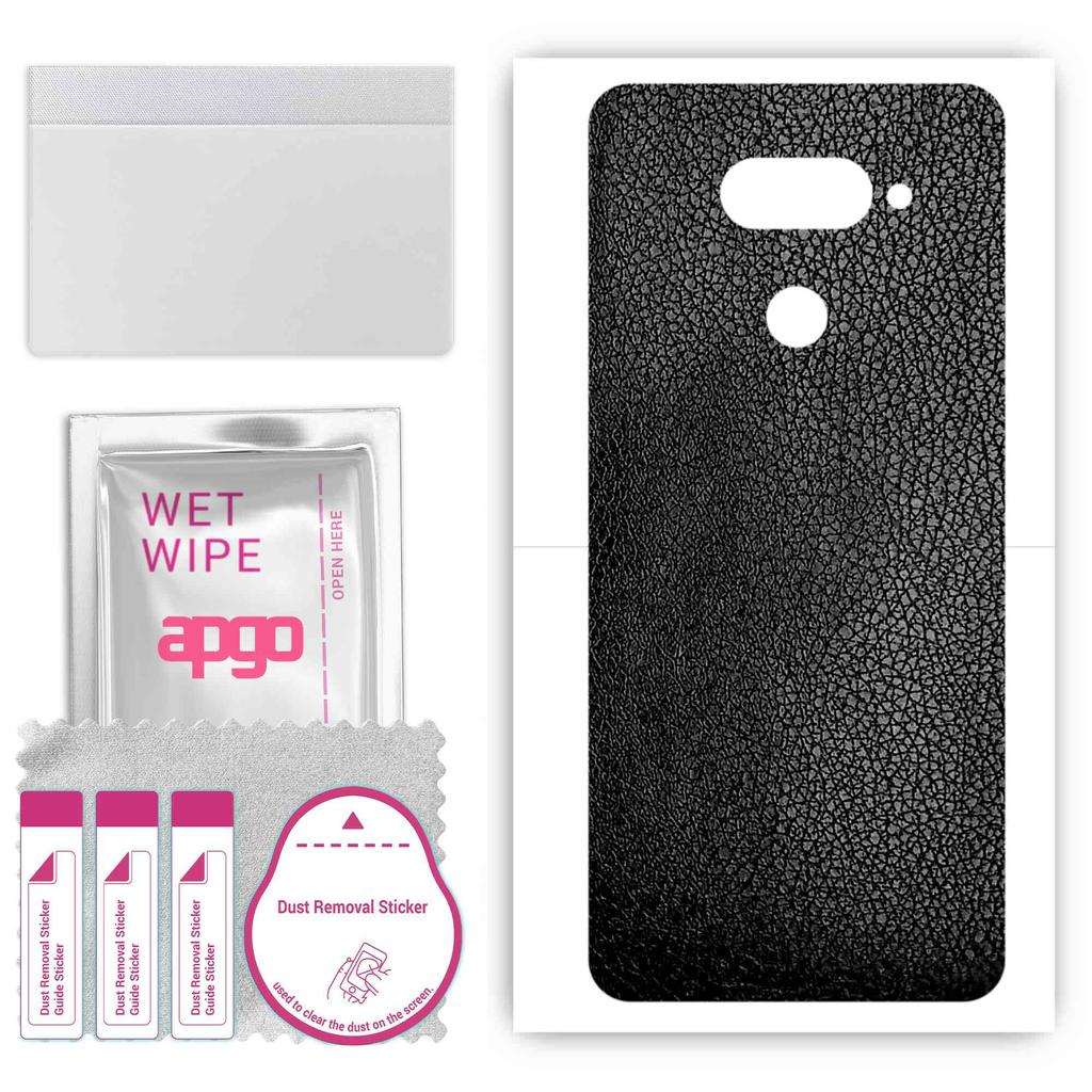 apgo Protective Skin Sticker for the Back Compatible with LG Q70, Wrap Film, Foil, Vinyl - Pattern Black Leather
