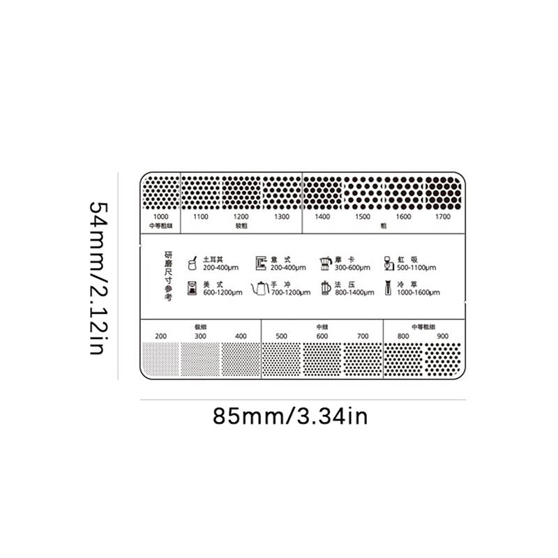 

Карта-справочник помола молотого кофе Размер 200-1600 мкм Аксессуары для кофе Карта перевода для распространенных преобразований, связанных с завариванием серебряный