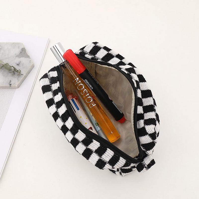 Ins Checkerboard Knitted Pencil Case Big Capacity Pen Bag Zipper Stationary