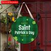 2D Flat 20*20cm1pc March 17 St Patricks Day Green Stripe Cartoon Four Leaf Grass Round Decorative Door Pendant Hanging Welcome Party Wooden Sign Happy