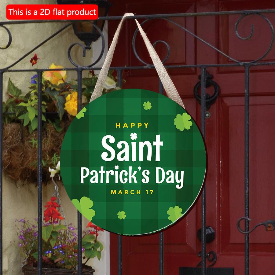 2D Flat 20*20cm1pc March 17 St Patricks Day Green Stripe Cartoon Four Leaf Grass Round Decorative Door Pendant Hanging Welcome Party Wooden Sign Happy
