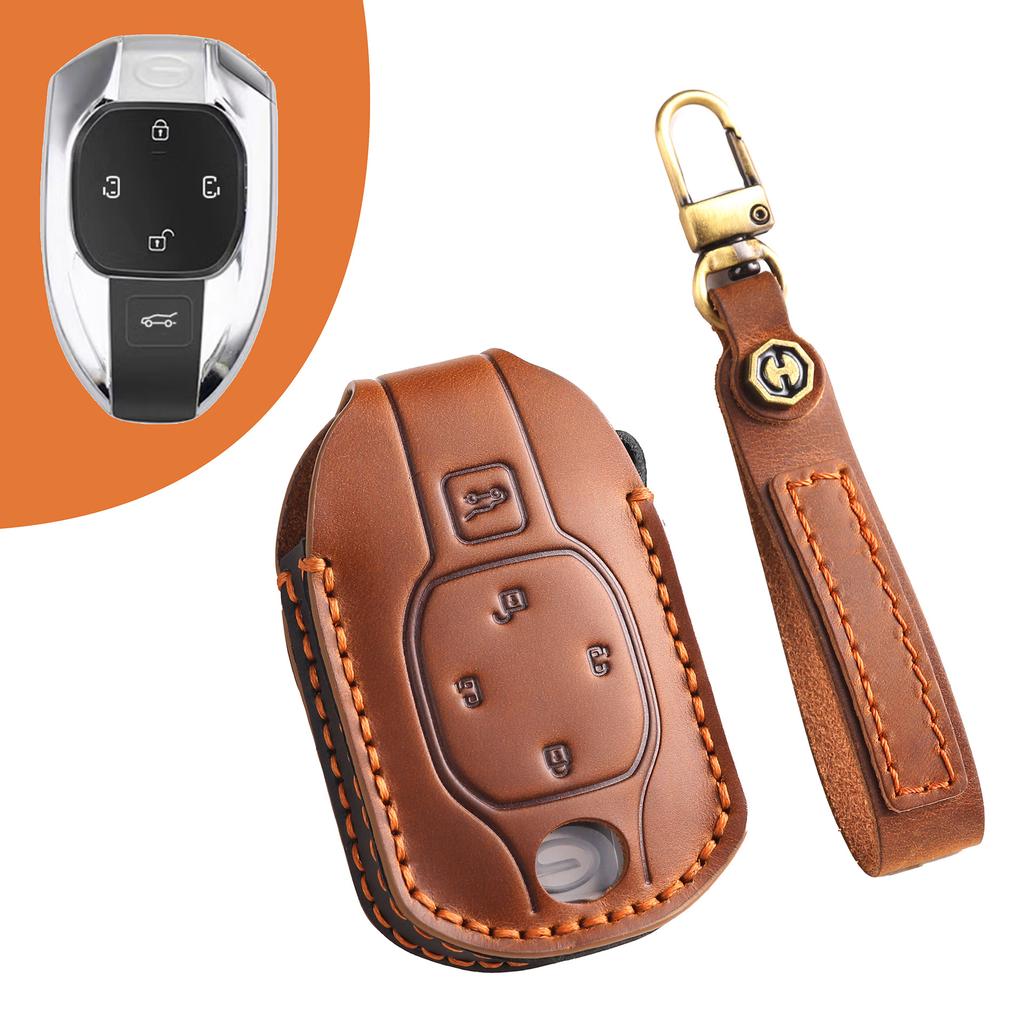 Top Grain Leather Key Cover for GAC Motor M8 Master/GS8 - Full Protection Anti-Scratch Case w/ Leather Strap