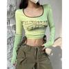 2KWEIRD Print Long Sleeve Tshirts Women Long Sleeve Tunic Summer Tees Crop Tops Bandage Fashion Sexy Y2k T Shirts