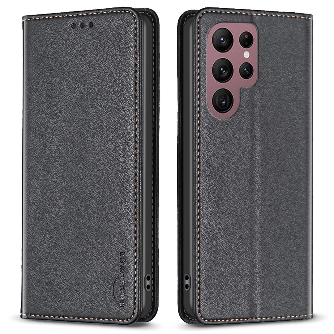 

BINFEN COLOR BF18 For Samsung Galaxy S22 Ultra 5G PU Leather Phone Cover Card Holder Stand Hidden Magnetic Adsorption Case Black