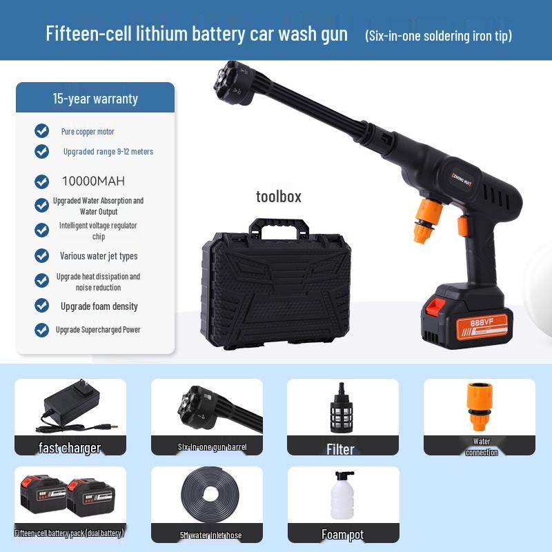 Portable Wireless Lithium Battery Car Washer: 10-Setting High-Pressure Water Gun with Six-in-One Head