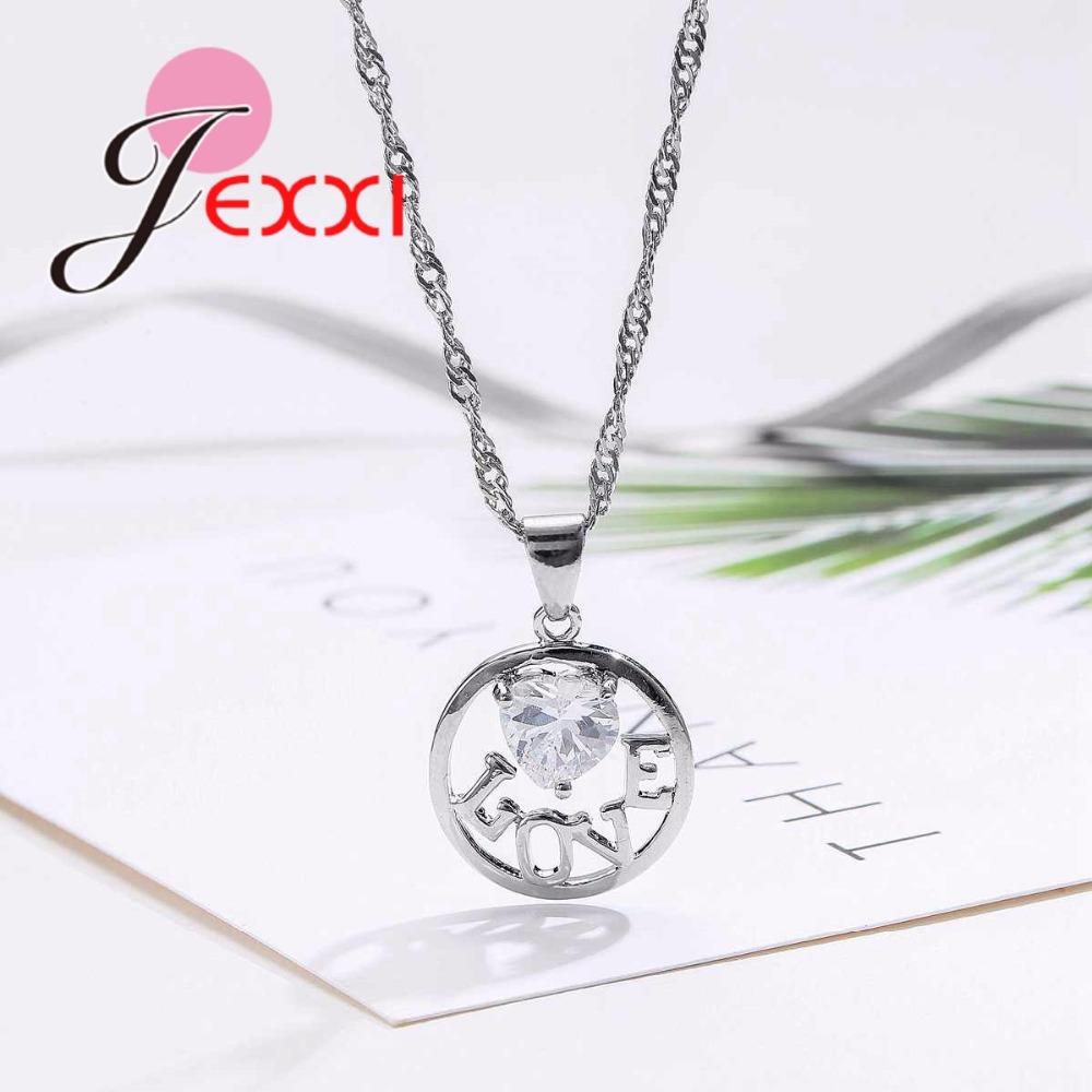 Cute Genuine 925 Sterling Silver Jewelry Set White AAA CZ Heart LOVE Pendant Necklace and Earrings Jewelry Sets For Women