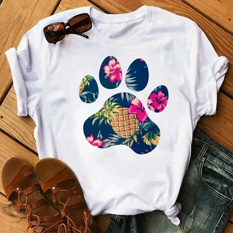 Cartoon Colorful Heart Dog Paw Graphic Print Unisex T Shirt 90s Fashion Casual Women Unisex Short Sleeve Plus Size Unisex T Shirt Unisex