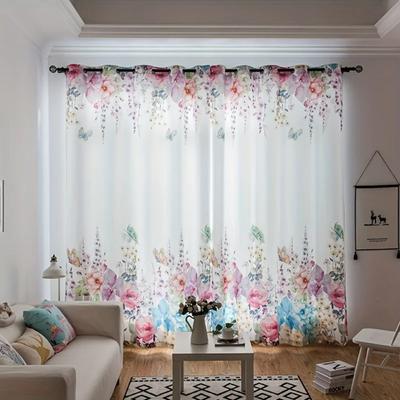 2pcs Bedroom Curtains, Pastoral Style, Spring Flowers And Plants, American Style Shading Fabric Curtain Bay Window, Living Room,