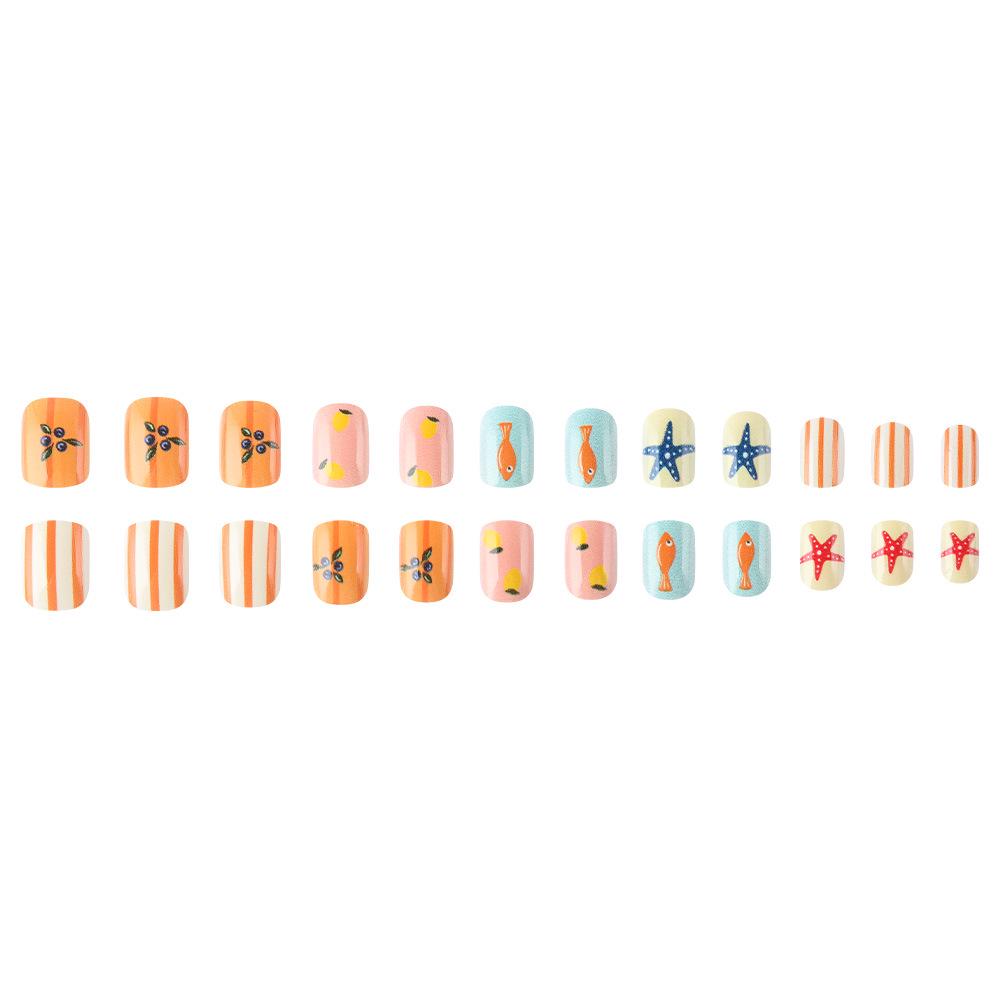 24-Piece Glossy Cartoon Nails – Summer Starfish & Fish Design