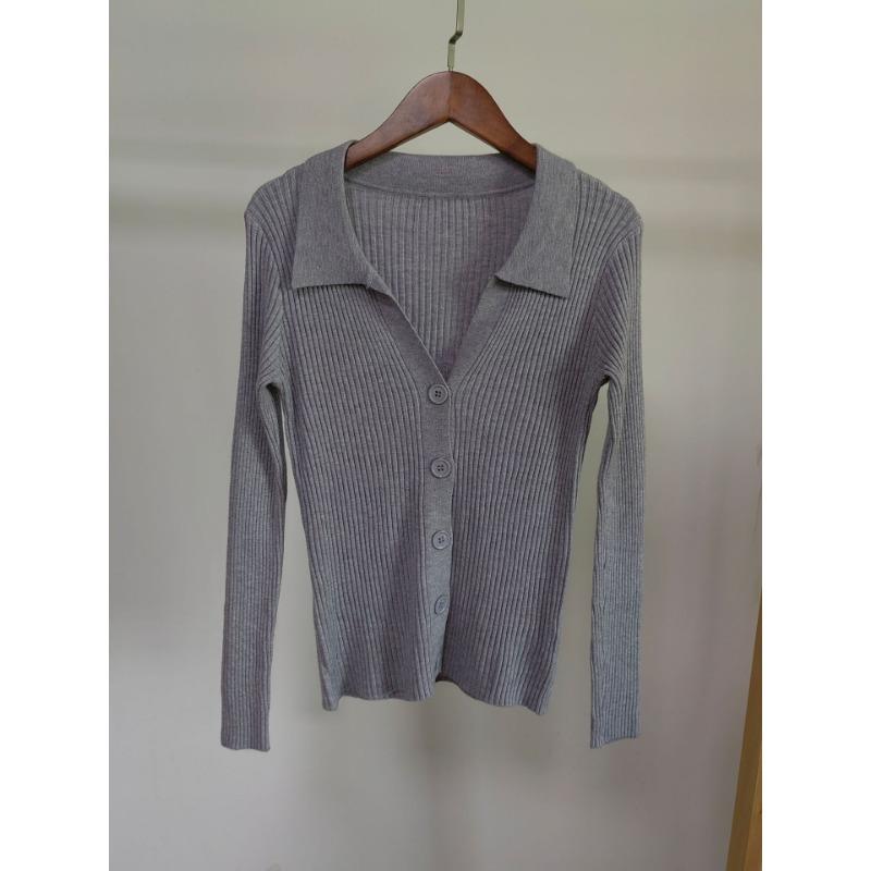 Women Lapel Slim Thin Jacket Buckle Sexy V-neck Long-sleeved POLO Collar Knitted Cardigan Sweater