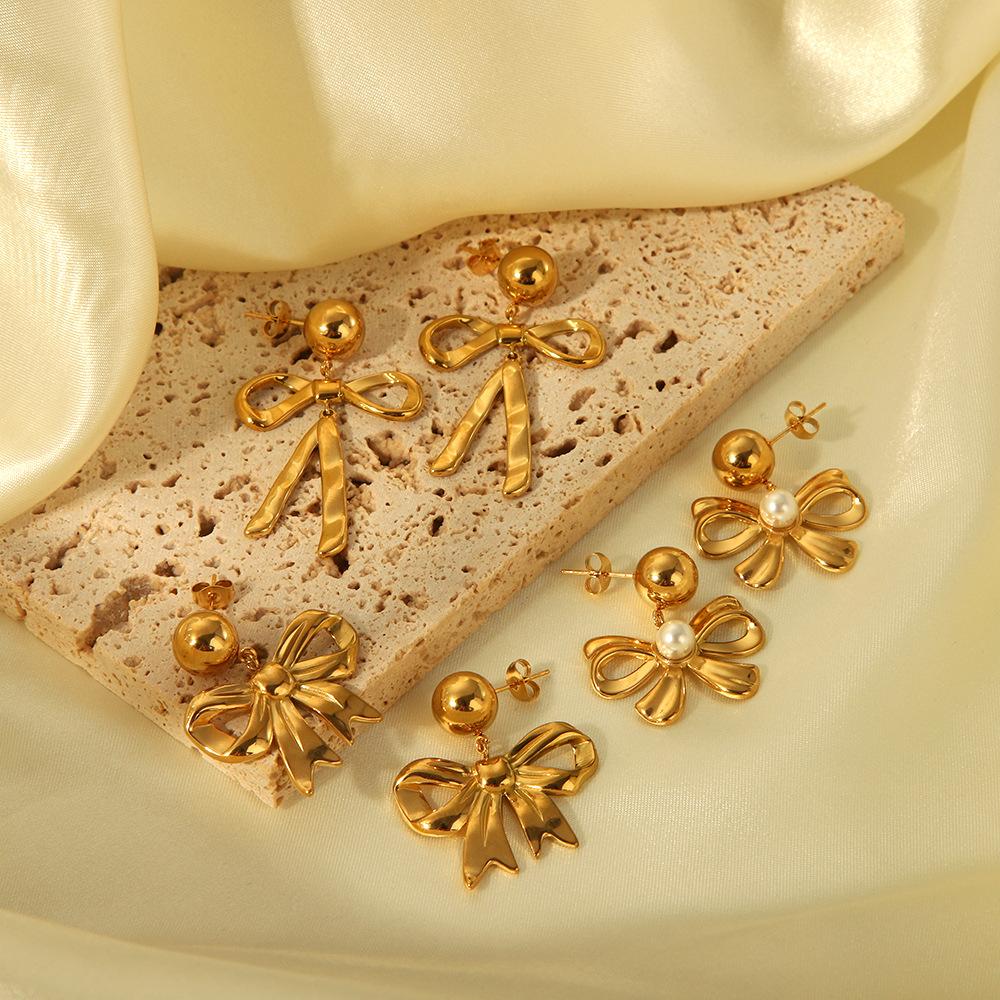 Gold Color Stainless Steel Bowknot Drop Earrings For Women Pierce Drop Stud Accessory