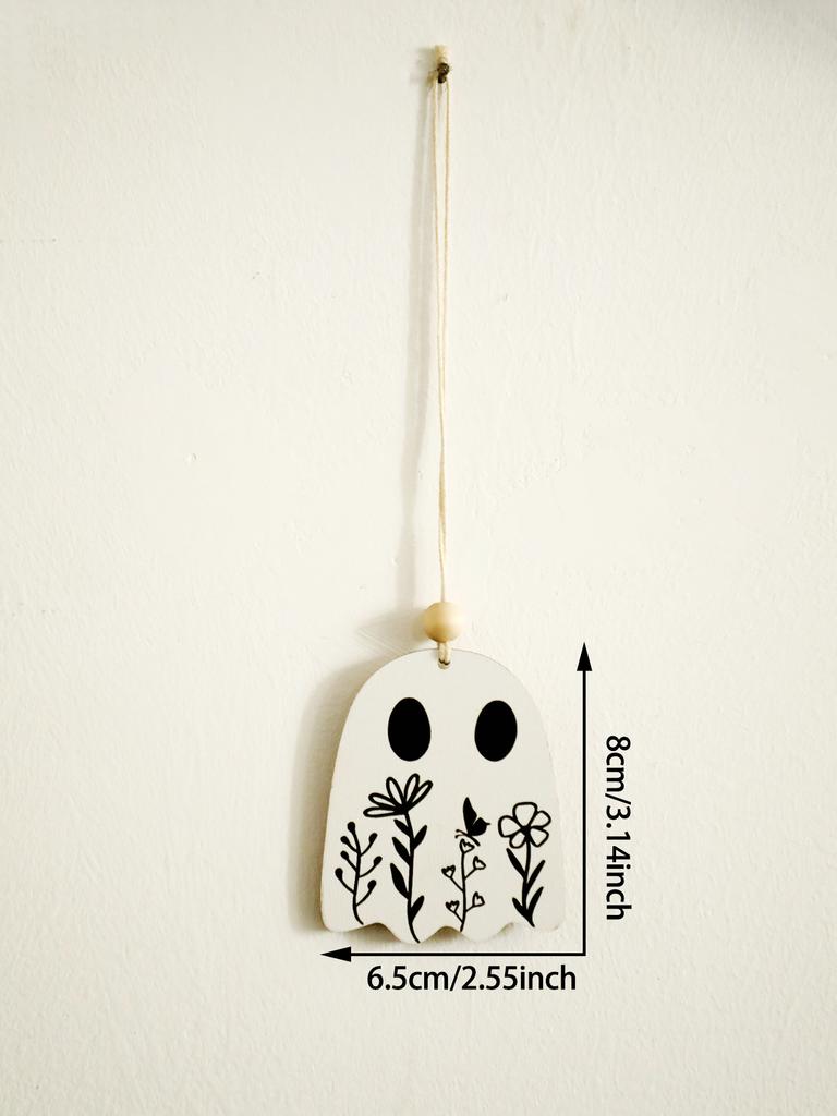 Wood Ghost Car Hanging Ornament, Floral Engraved Cute Spooky Pendant, Rearview Mirror Decor, Halloween Wall Decor for Home/Party