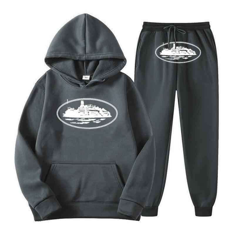 Unisex Hooded Sweatshirt Set Casual Streetwear Tracksuit With Printed Design Loose Fit Cotton Blend