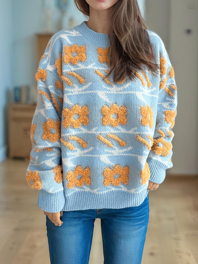 Autumn and Winter New Sweet and Cute Style Flower Jacquard Towel Embroidered Knitted Round Neck Thick Sweater for Women 3579 KTB
