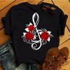 Neue Mode Frauen Schwarz T Shirt Rote Rose Musical Note Gedruckt T Shirt Harajuku Nette Graphic Tee Shirt Weibliche Damen casual Tops