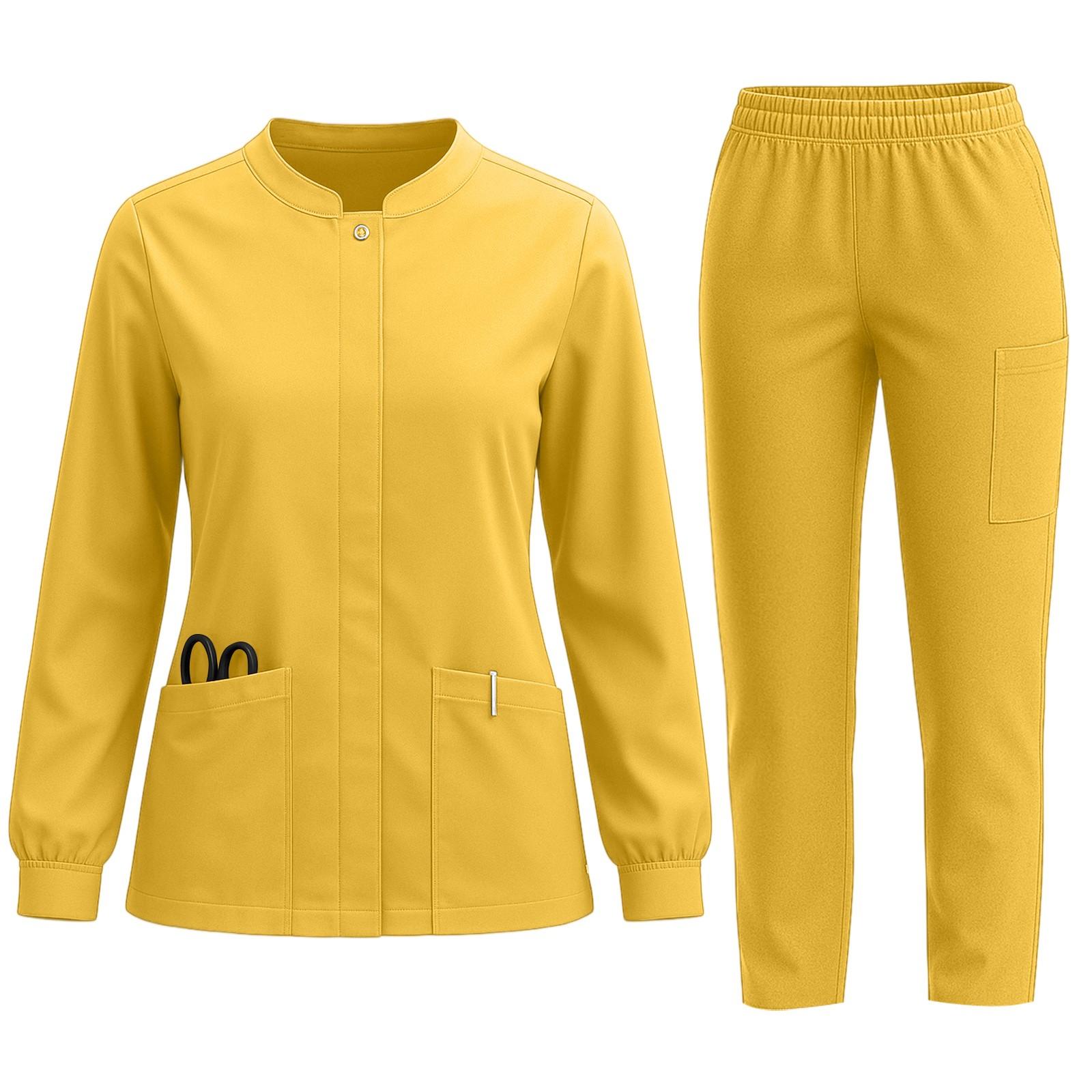 

Women s Quick Drying Fabric Solid Color Round Neck Pocket Long Sleeve Pants Set Workwear XL жовтий