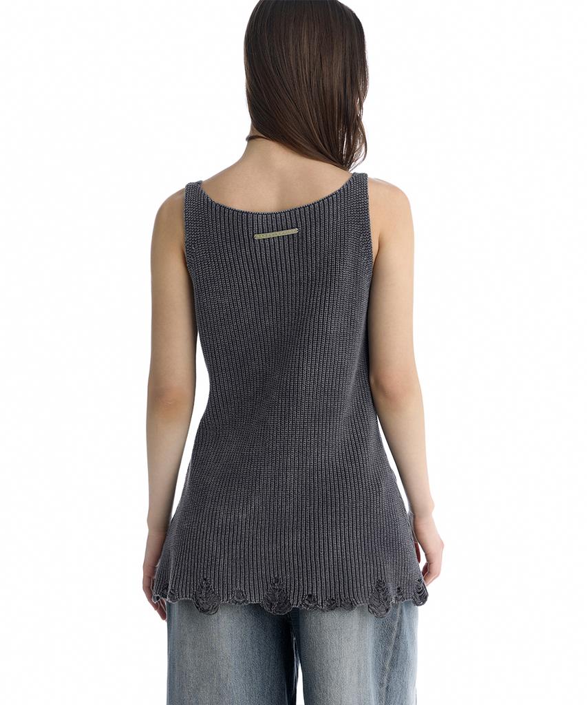 Teulimingbeodeu Washed Distressed Sleeveless Knit Top [ Gray ]